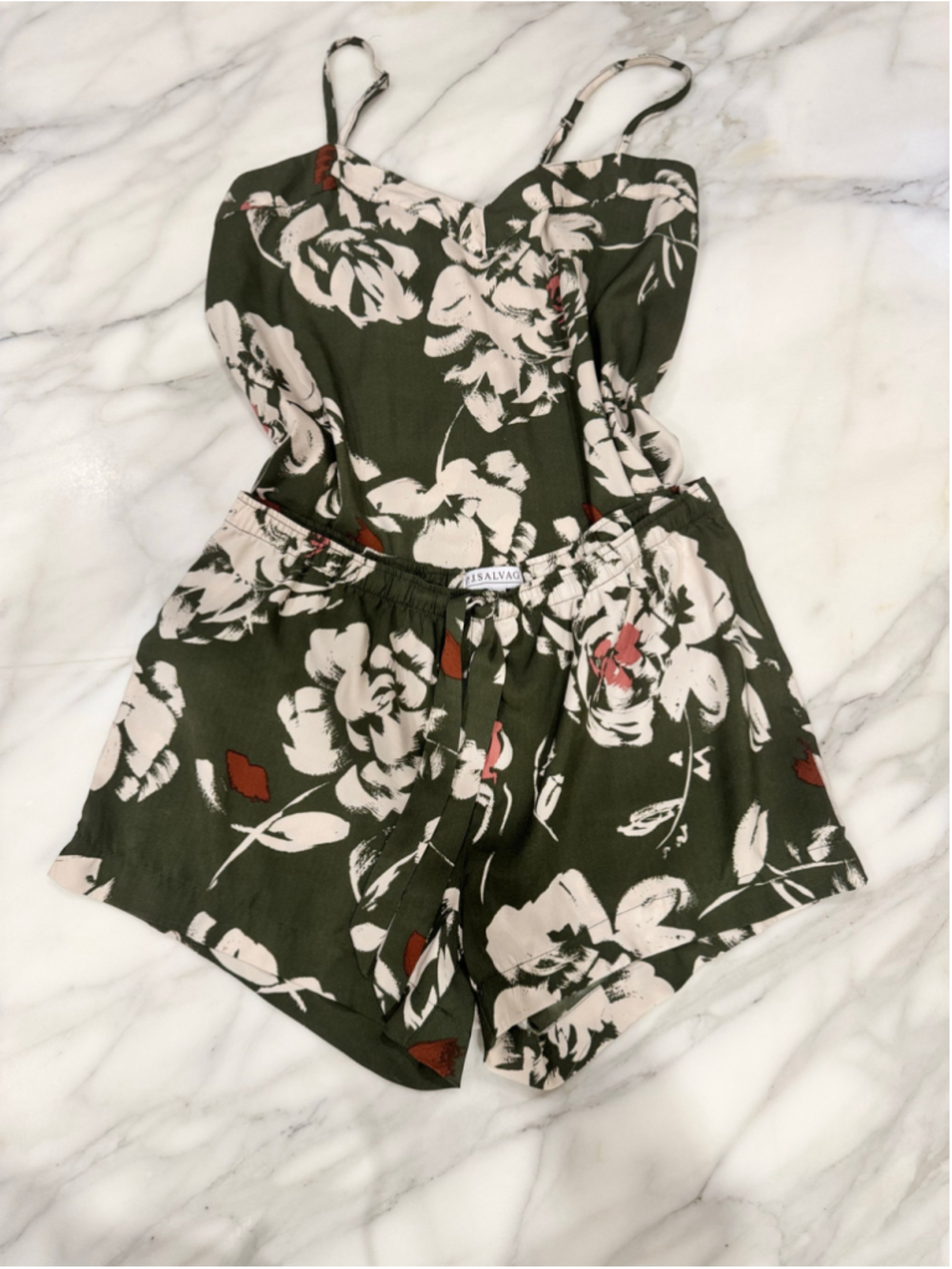 P.J. Salvage Floral Pajama Set, Size M, Green and White Satin